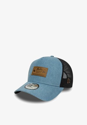 Light blue denim baseball cap with black mesh back, brown leather patch on front, and adjustable strap.