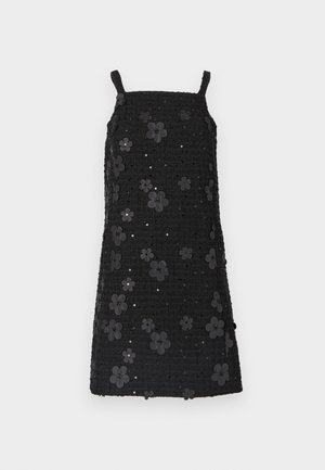 Schwarzes ärmelloses Kleid mit quadratischem Ausschnitt, strukturierter Stoff, verziert mit schwarzen Blumenapplikationen und Pailletten im gesamten Design.