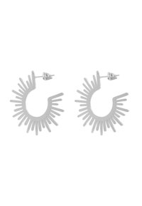 Orecchini a cerchio in argento con design a raggio di sole; presentano raggi allungati che si estendono verso l'esterno dal centro circolare, finitura metallica lucida.