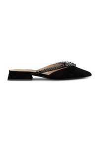 Scarpe slip-on in suede nero con punta affusolata, dotate di due file di perline decorative e tacco basso a blocco. Texture liscia, design minimal.