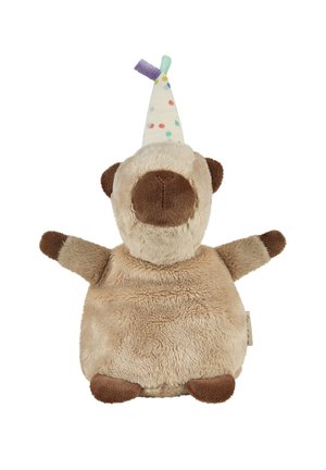 Plush beige bear with brown paws, nose, and ears wearing a white party hat with colorful dots and two small fabric tassels.
