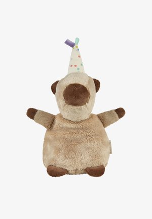 Plush beige bear with brown paws, nose, and ears wearing a white party hat with colorful dots and two small fabric tassels.