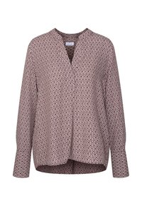Blusa a maniche lunghe in un motivo geometrico bordeaux e crema, con scollatura a V, vestibilità rilassata e texture sottile.