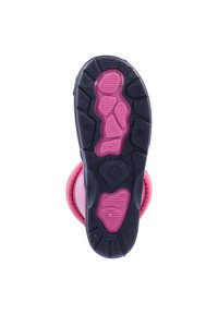 Zwarte rubberen zool met roze accenten, met een gestructureerd patroon en een afgeronde vorm. Ontworpen voor grip en duurzaamheid.