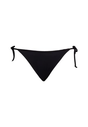 Black bikini bottom with a V-shape design, adjustable side ties, and smooth texture. Minimalist style with no patterns or accents.