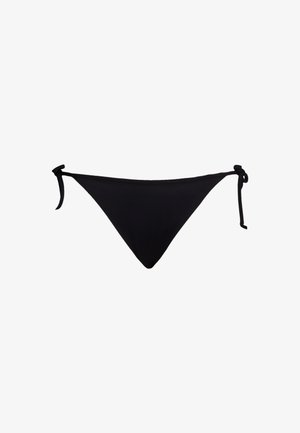 Parte de baixo de bikini preta com design em V, laços laterais ajustáveis e textura suave. Estilo minimalista sem padrões ou detalhes.