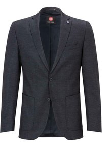 Mörkgrå herrblazer med två knappar, notch-lapel, två stora framlommor och en bröstficka, fodrad insida, märkesetikett inuti kragen.