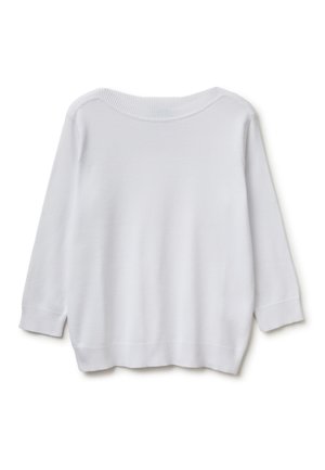 Biały, długi sweter dziany z długim rękawem, z prążkowanymi mankietami i dolnym brzegiem, ułożony płasko, tyłem do góry.