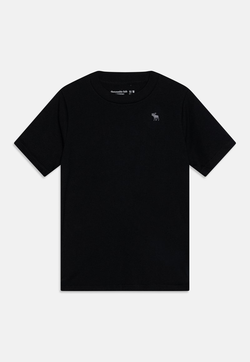Schwarzes Baumwoll-T-Shirt mit kurzen Ärmeln, rundem Halsausschnitt und einem kleinen grauen Elch-Logo, das auf der linken Brust gestickt ist.
