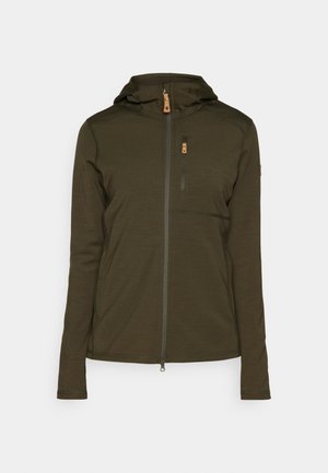 Olive green zip-up jacket with a hood, featuring a vertical chest pocket and smooth, textured fabric. Zipper and stitching accents present.