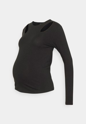 T-shirt de maternidade preta de manga longa com detalhes recortados nos ombros, tecido suave, forma ajustada e decote arredondado, projetada para conforto.