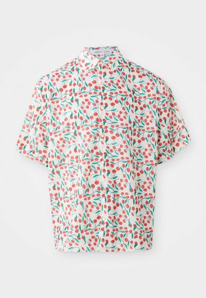 Short-sleeved button-up shirt featuring a light cream background with red berry and green leaf patterns, made from soft fabric.
