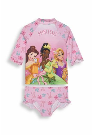 Rosa zweiteiliger Badeanzug mit kurzen Ärmeln, Blumen- und Bandmustern, mit den Disney-Prinzessinnen Belle, Tiana und Rapunzel sowie dem Wort "Princesses".