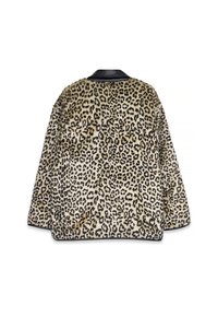 Giacca in pelliccia ecologica con stampa leopardata, colletto in pelle nera, maniche lunghe e orlo dritto, mostrata sul retro su uno sfondo bianco.