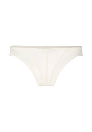 Witte low-rise bikinibroekje met naaddetails en een smalle tailleband, ontworpen voor zwemkleding of strandkleding.