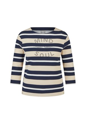 Long-sleeve shirt with beige, navy, and white horizontal stripes and the words "MIND & SOUL" formed by small black dots on the chest.
