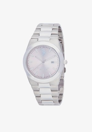 Silberner Edelstahlarmbanduhr mit einem runden, hellrosa Zifferblatt, einfachen Stundenmarkierungen, Datumsanzeige bei 3 Uhr und einem polierten Armband.