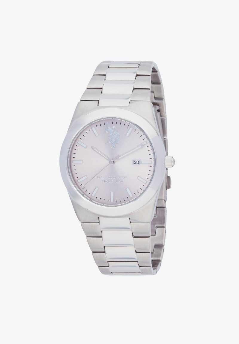Orologio in acciaio inox argentato con quadrante rotondo di colore rosa chiaro, spie orarie semplici, display della data alle 3 e bracciale lucido.