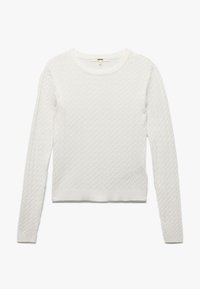 Weißer Kabelstrickpullover mit langen Ärmeln, rundem Ausschnitt und gerippten Bündchen. Weicher Stoff und kurze Passform.