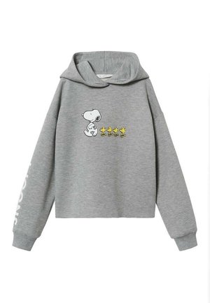 Felpa grigia corta con grafica frontale di Snoopy e Woodstock; maniche larghe; polsini a coste; tessuto jersey morbido; testo bianco sulla manica.