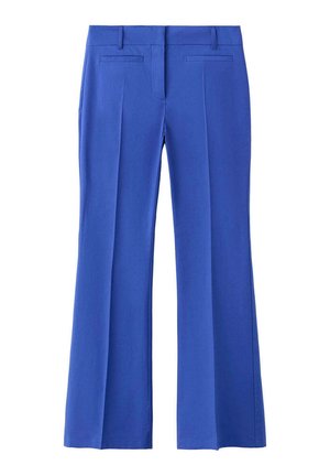 Pantalones de mujer azules brillantes confeccionados a medida, con pliegues delanteros, trabillas para cinturón y bolsillos ribeteados sobre fondo blanco.