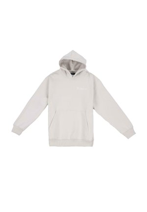 Hellgraue Kapuzenjacke aus Baumwollmischung, ausgestattet mit einer vorderen Kängurutasche, gerippten Bündchen und einer Kordelzugkapuze. "Dumpster" ist auf der Brust aufgedruckt.