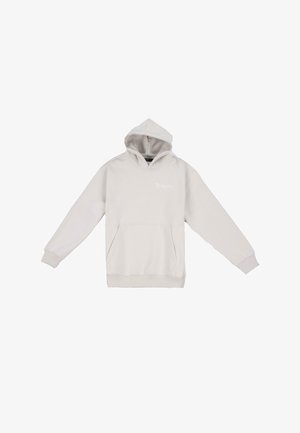 Hoodie gris clair en mélange de coton, avec une poche avant, des poignets côtelés et une capuche avec cordon de serrage. "Dumpster" est imprimé sur la poitrine.