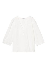 Weiße Bluse mit Dreiviertelärmeln, V-Ausschnitt und Knopfleiste. Sie verfügt über ein durchgehendes strukturiertes Muster und besteht aus leichtem Material.