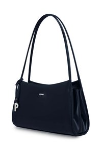 Zwarte leren handtas met dubbele schouderbanden, zilveren "PICARD" logo en een zilveren "P" bedel aan de zijkant.