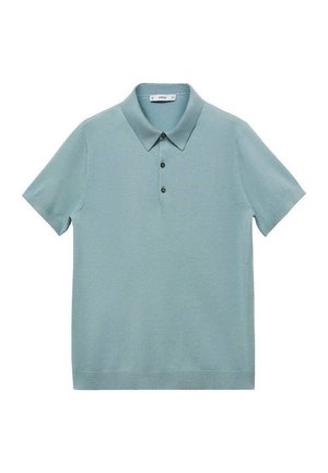 Polo shirt corto azzurro in tessuto a maglia, con colletto classico e tre bottoni scuri sul davanti. Texture liscia.