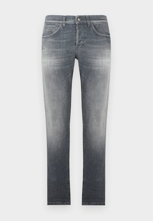 Denimjeans i en falmet gråblå farge med rett snitt, som har et klassisk design med fem lommer og knappelukking foran.