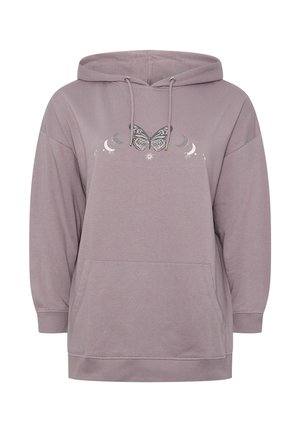 Fliederfarbenes Kapuzen-Sweatshirt mit Fronttasche, Kordelzug und Schmetterlingsdesign, das zwischen Mondsicheln und Sternen auf der Brust zentriert ist.