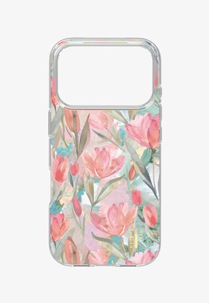 Klar telefonetui med pink og koralfarvede tulipanblomster og grønne blade på en akvarelbagtgrund med blå og beige accenter.
