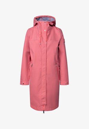 Impermeabile rosa con cappuccio, maniche lunghe, due tasche laterali con zip, cordino regolabile e chiusure a scatto/bottoni.