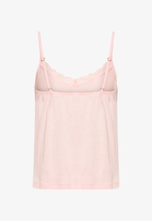 Canottiera da donna rosa chiaro con spalline sottili regolabili e rifinitura in pizzo lungo lo scollo, mostrata su sfondo bianco.