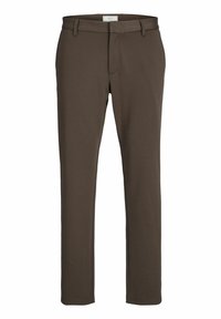 Pantalon slim marron pour homme avec passants de ceinture, fermeture éclair frontale et poches latérales, présenté sur fond blanc.