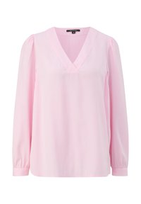 Blouse rose à manches longues avec col en V, coupe ample, tissu doux et détails froncés aux épaules et aux poignets.