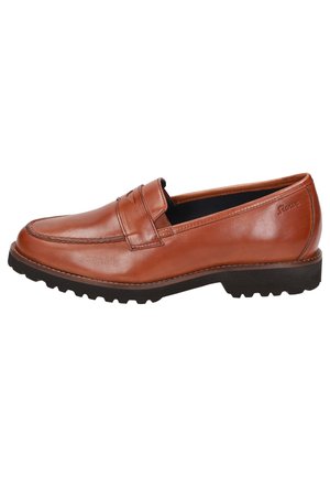 Tan leather loafer with a rounded toe, stitched detailing, and a low, textured rubber sole. Slip-on design with a smooth finish.