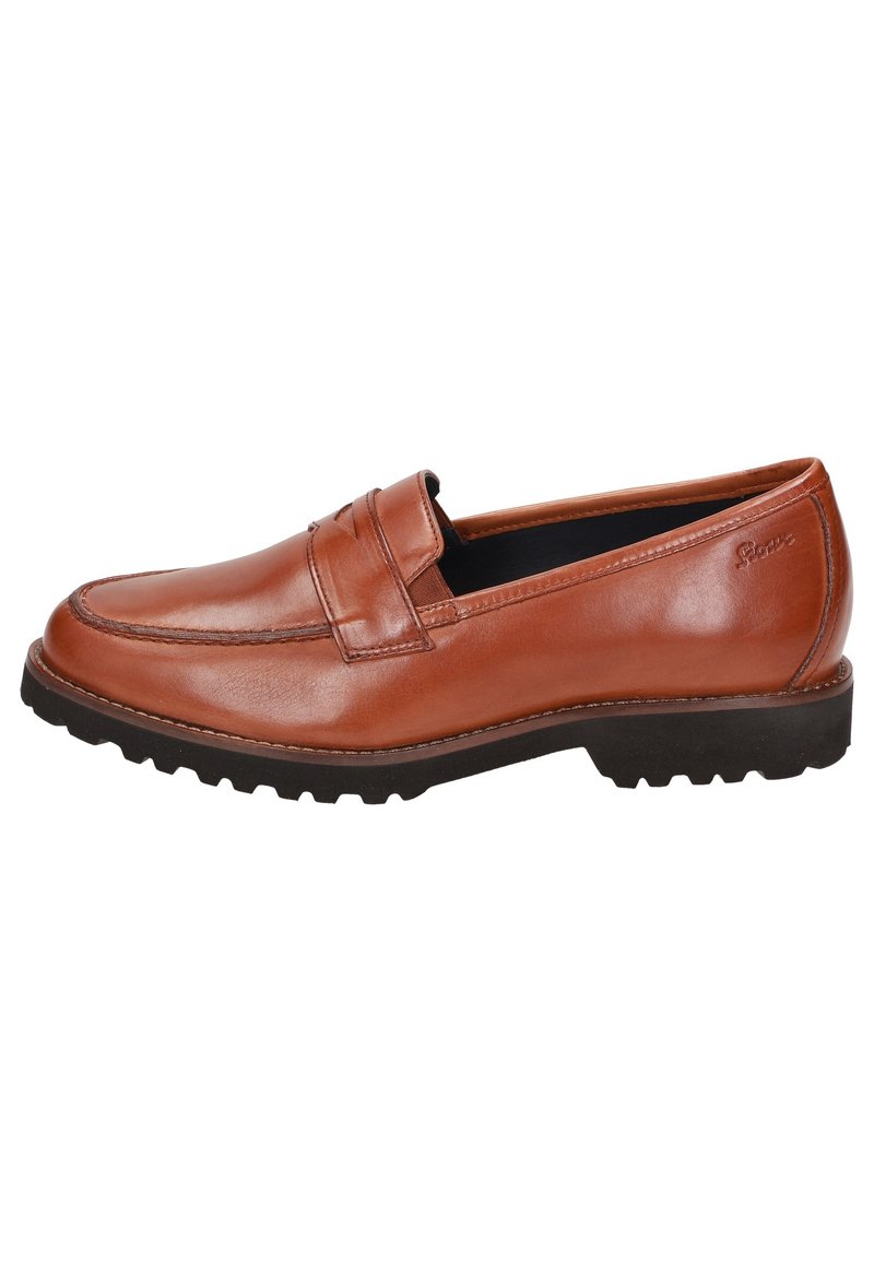 Beige Lederloafer mit abgerundetem Zehenbereich, gesteppten Details und einer niedrigen, strukturierten Gummisohle. Rutschdesign mit glatter Oberfläche.