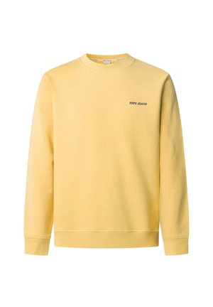 Žlutá bavlněná mikina s ribovaným kulatým výstřihem, ribovanými manžetami a modrou výšivkou "PEPE JEANS" na hrudi. Jednoduchý design, bez vzorů.
