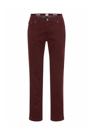 Bordeaux katoenen broeken met een rechte snit, voorzakken en een topknopen-sluiting. Beschikt over subtiele stiksels langs de naden.