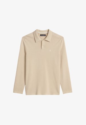 Beige long-sleeve polo shirt with two buttons, collar, and small embroidered logo on the left chest displayed on white background.