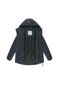 Tummansininen takki hupulla, jossa on musta vuori ja tikkaukset, napitettava suljin ja sisätagi. Sileä kangas, jossa on vettä hylkivä pinta.