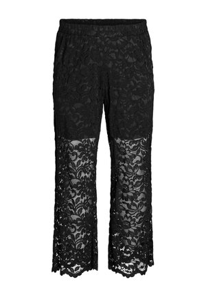 Zwarte cropped broek met florale kanten overlay en elastische tailleband, deels doorschijnend onder de knieën, rechte pijp.