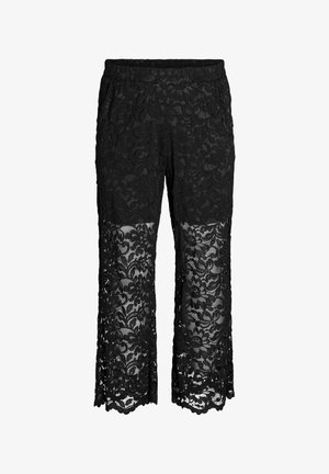 Sorte cropped bukser med blomstret blondeoverlay og elastisk taljebånd, delvist gennemsigtige under knæene, med lige ben.