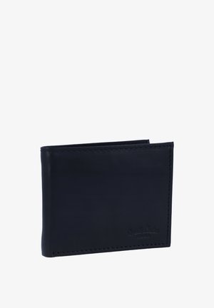 Cartera negra de cuero con doble pliegue, bordes cosidos y logo de la marca en relieve sutil en la esquina inferior derecha del frontal.
