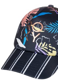 Zwarte pet met kleurrijke bloemmotieven, een glanzend "ROXY" logo en een gestreepte zonnebril. Het materiaal lijkt glad en lichtgewicht.