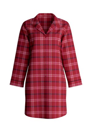 Red plaid shirt dress featuring a collar, button front, and three-quarter sleeves. Made of soft fabric with contrasting black accents.