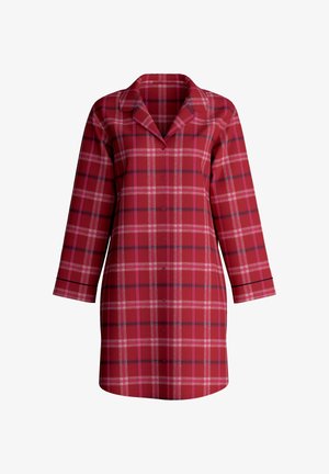 Rotes kariertes Hemdkleid mit Kragen, Knopfleiste und Dreiviertelärmeln. Hergestellt aus weichem Stoff mit kontrastierenden schwarzen Akzenten.