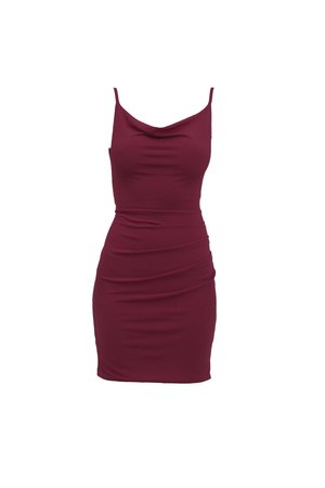 Bordová bezramienková šaty s volánovým výstrihom, priliehavého strihu a nariasenou textúrou na boku pre dodatočný detail.